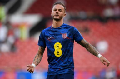 England's midfielder James Maddison warms up ahead of the UEFA Euro 2024 group C qualification football match between England and North Macedonia