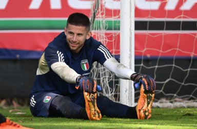 Guglielmo Vicario of Italy looks on during training session at Forte Village Resort