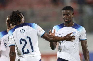 Eberechi Eze and Marc Guehi of England interact during the UEFA EURO 2024 qualifying round group C match between Malta and England