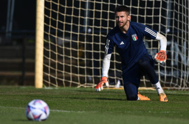 Guglielmo Vicario of Italy about to save a shot during a training session